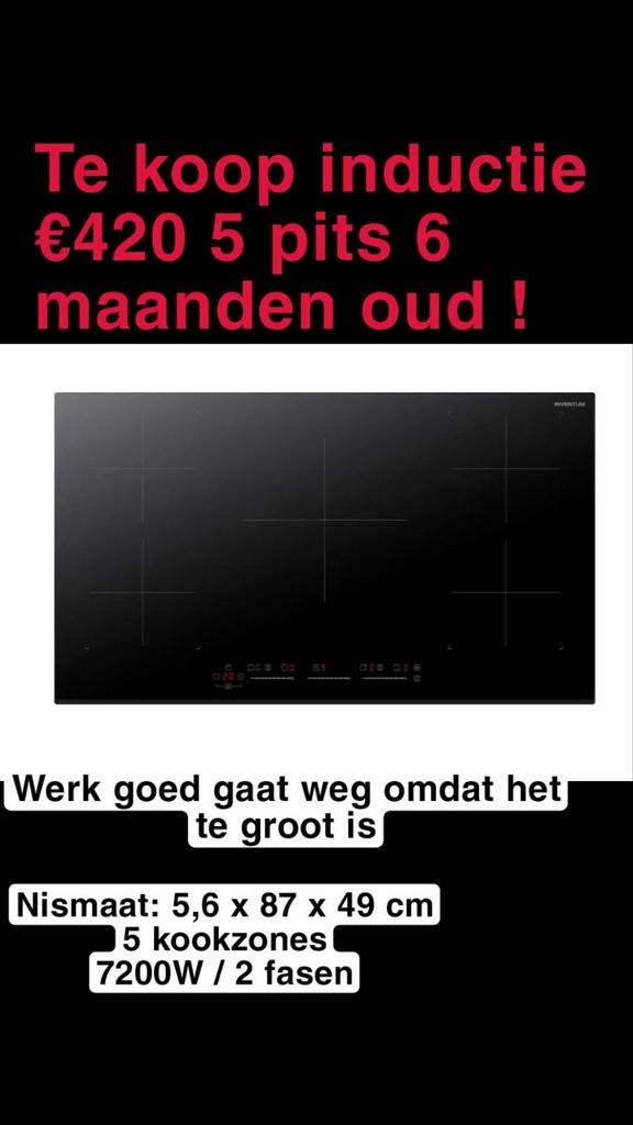 Inventum Inductiekookplaat 5 pits - 6 maanden oud, Witgoed en Apparatuur, Kookplaten, Ophalen of Verzenden, Zo goed als nieuw