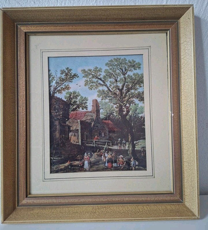 Brocante beige met gouden lijst, 41x38x3 cm repro 17e eeuw, Ophalen, Gebruikt, 41 cm, Met afbeelding