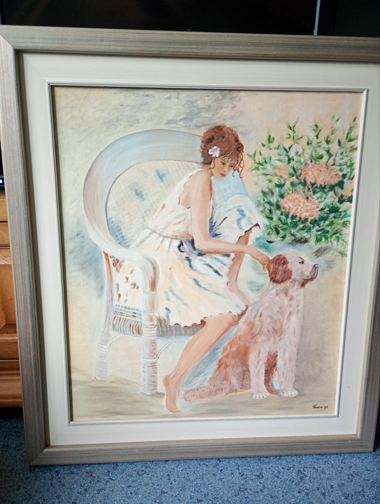 Schilderij 'Vrouw met hond' gesigneerd Tosca '93, Ophalen of Verzenden