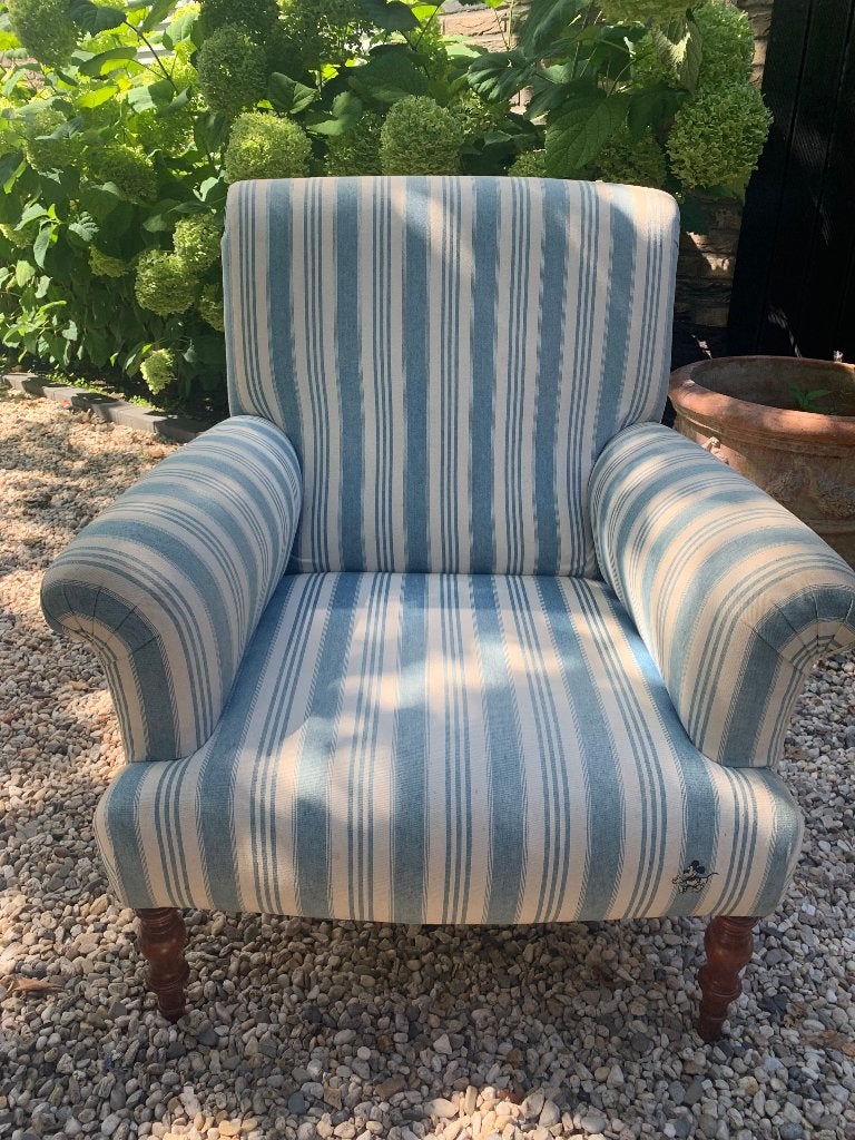 Klassieke gestreepte fauteuil – blauw/wit, Donaldson, Ophalen, Overige materialen, Gebruikt, 75 tot 100 cm