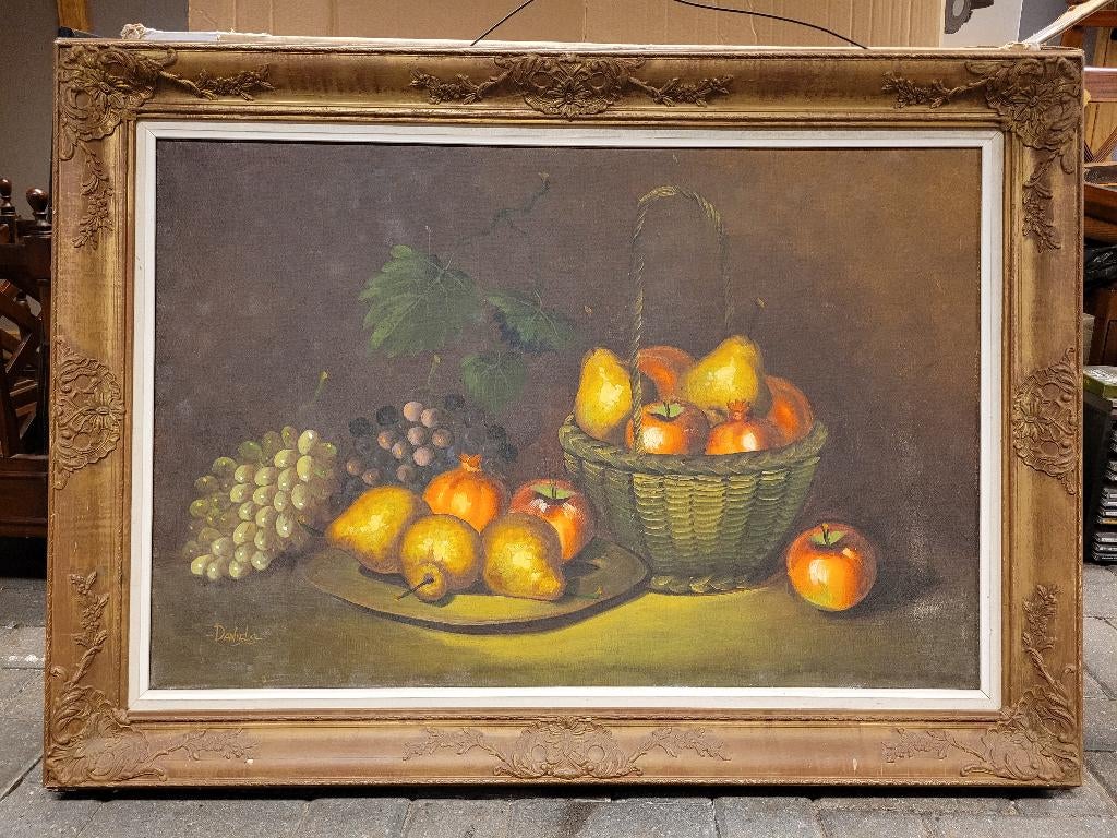 Doek 'Stilleven met fruit' gesigneerd l.o. Daniels ingelijst, Antiek en Kunst, Ophalen, Doek, Stilleven, Bijzondere lijst