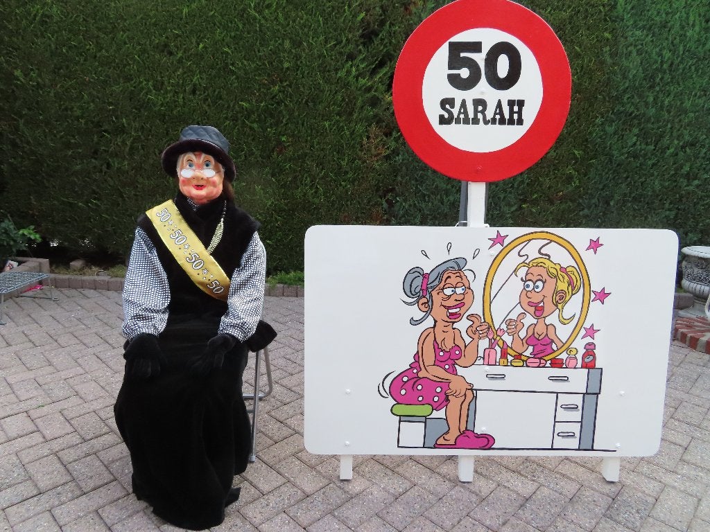 50 Sarah verjaardag feestbord + pop levensgroot set 3 deel, Ophalen, Nieuw, Abraham of Sarah