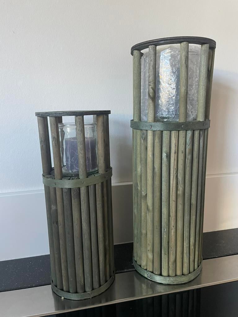 2 windlichten, nieuw!! op pilaar, bamboe , groen, Ophalen of Verzenden, Nieuw