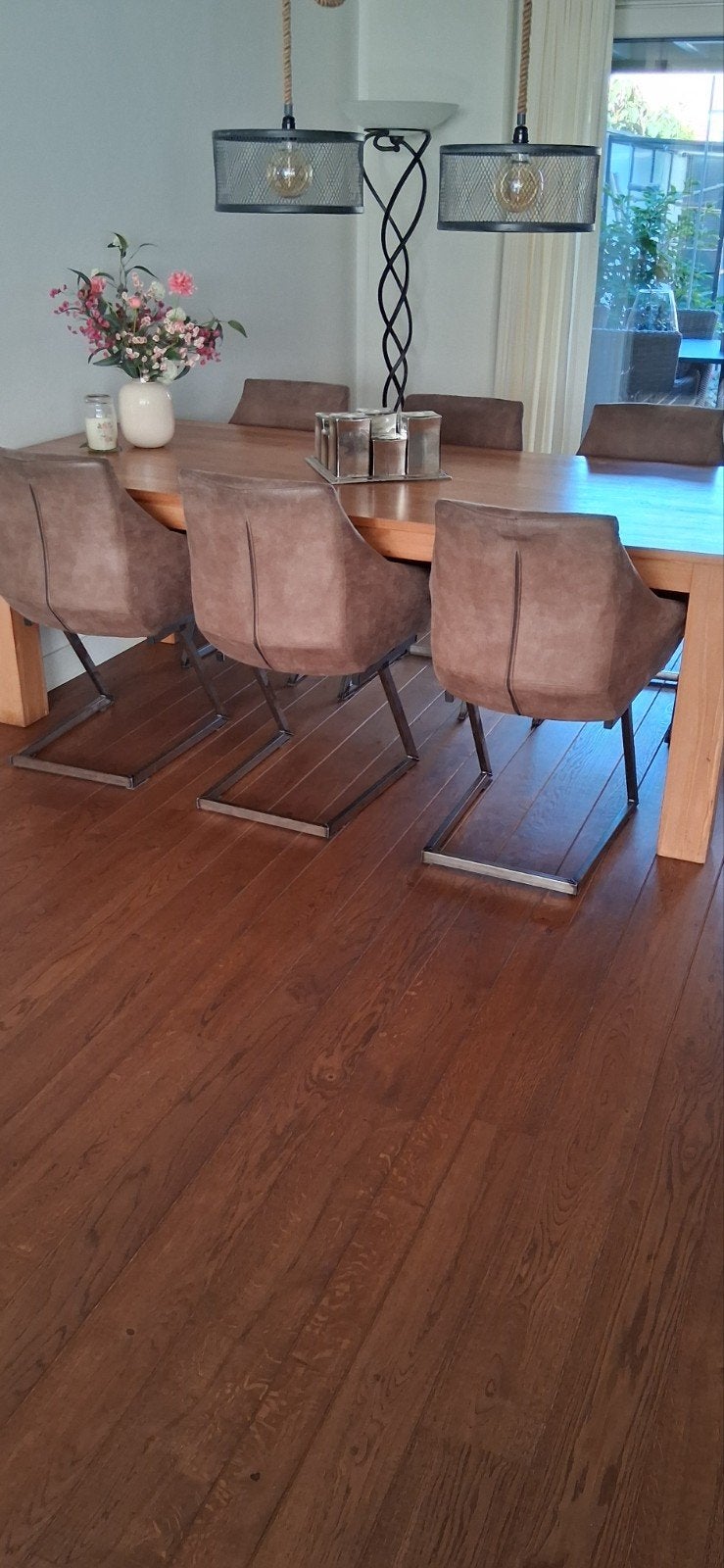 Teakhouten eettafel met 6 stoelen, Ophalen, Teakhout, 50 tot 100 cm, Zo goed als nieuw