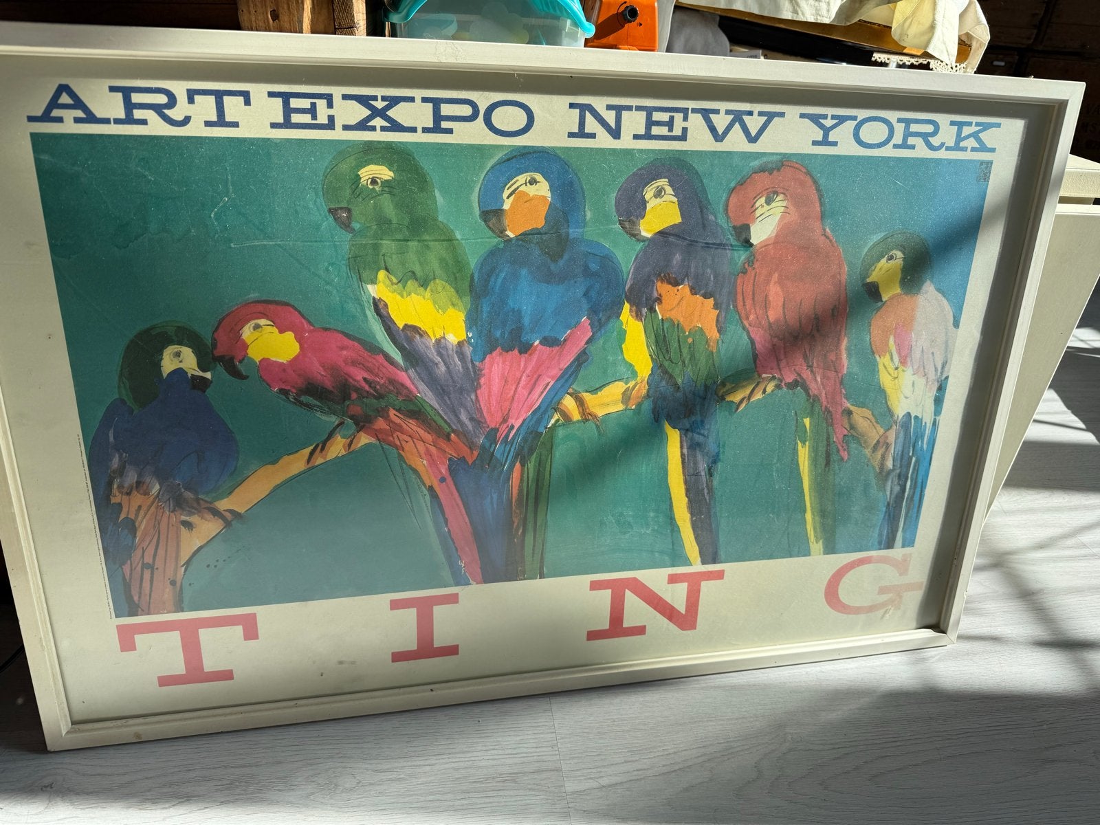 Vintage 'Art Expo New York' poster met papegaaien, Ophalen, Dieren, Gesigneerd, Print