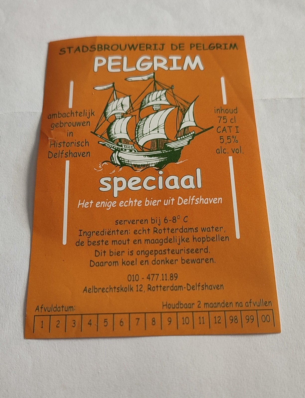Stadsbrouwerij De Pelgrim Bier Fles Label Speciaal, Verzamelen, Ophalen of Verzenden, Nieuw, Overige typen
