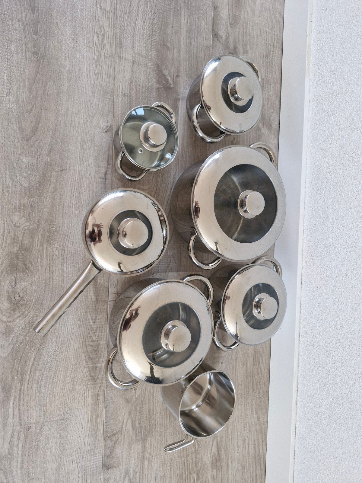 Sola Pannenset 13-delig met glazen deksels, Huis en Inrichting, Gebruikt, Met deksel, Pannenset, Ophalen of Verzenden