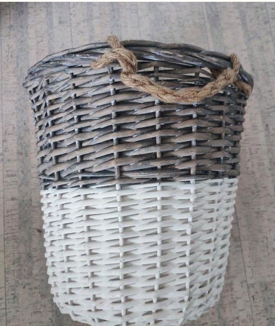 Ronde plantenmand met touw handvatten greywash-wit Ø 32x32, Ophalen of Verzenden, Rond, Minder dan 30 cm