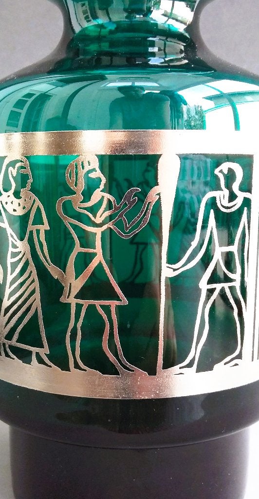 Omstreeks 1960-1970 Groen Glas Siervaas Vaas Egyptisch Decor, Antiek en Kunst, Antiek | Glas en Kristal, Ophalen of Verzenden