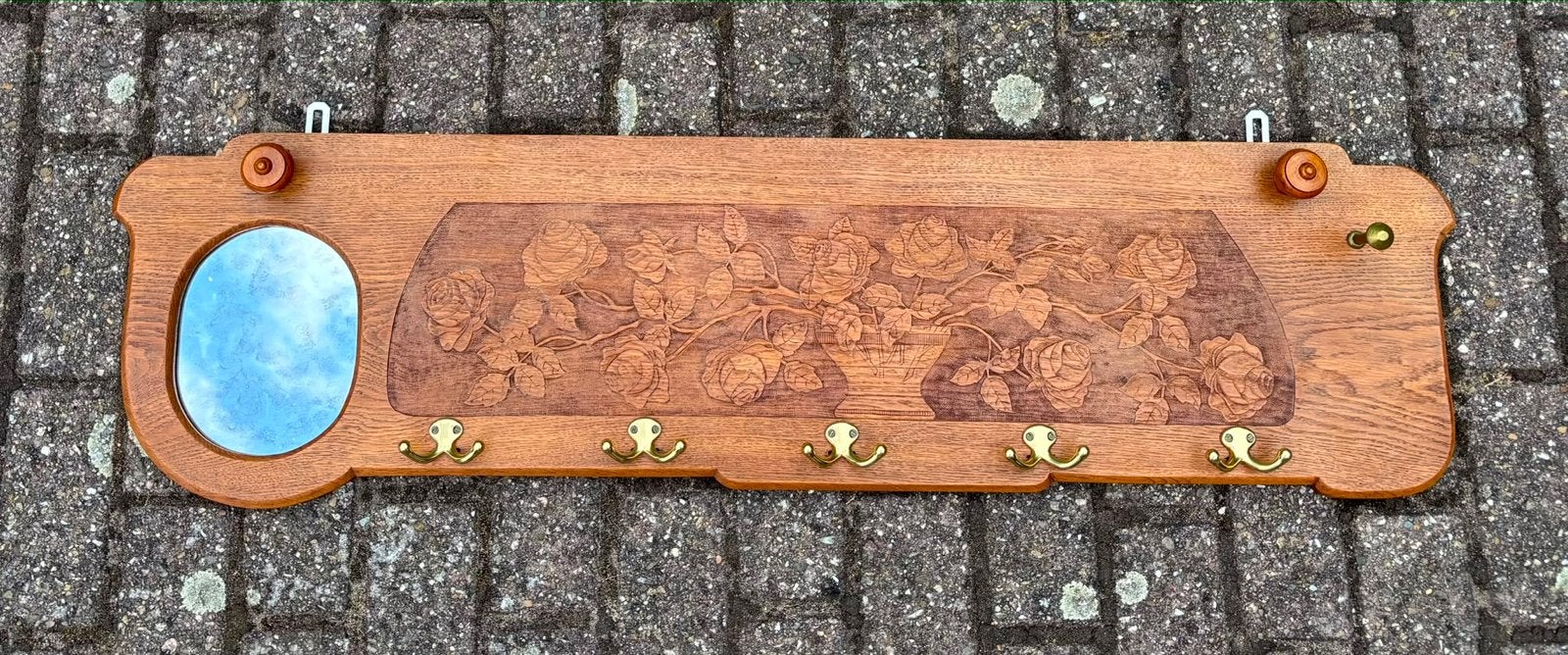 Oude handbewerkte houten kapstok met spiegel houtsnijwerk, Ophalen