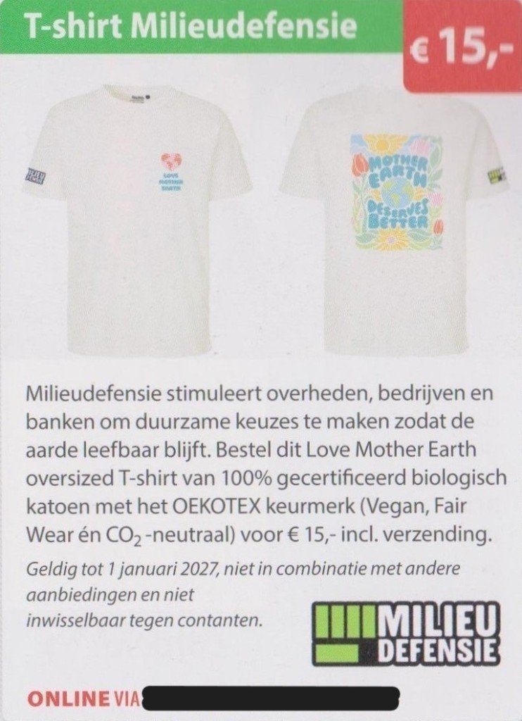 T-shirt Milieudefensie. € 15,-. Postcodeloterij kortingsbon., Eén persoon, Kortingsbon, Warenhuis- of Winkelbon