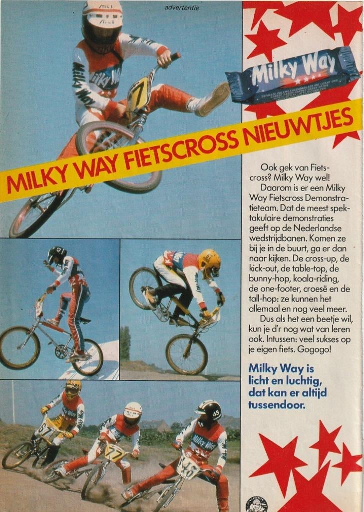 Retro reclame 1982 Milky Way chocolade reep fietscross, Verzenden, Overige typen