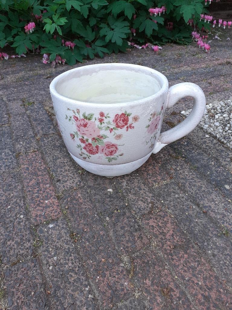Bloempot met rozen en oor ( als heel groot koffiekopje), Ophalen, Rond, Zo goed als nieuw, Balkon