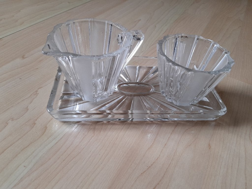 VINTAGE GLAZEN ROOMSTEL SUIKERPOT EN MELKKAN OP PLATEAU, Ophalen of Verzenden, Zo goed als nieuw, Glas