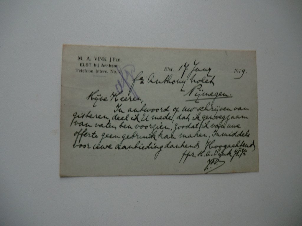 Elst (Gld),Nijmegen,Dodewaard,M.A.Vink,Fruithandelaar,1919, Ophalen of Verzenden, Voor 1920, Gelopen, Gelderland