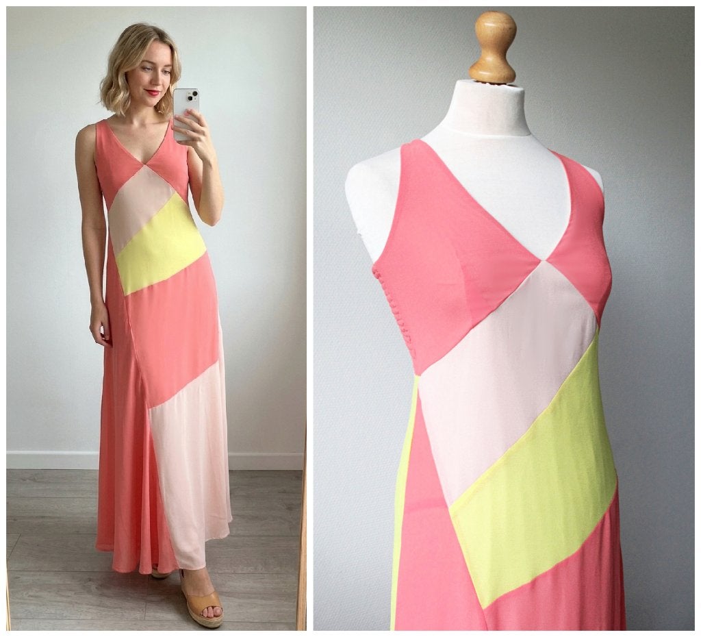 Steps - prachtige maxijurk roze geel - maat XS, Kleding | Dames, Jurken, Zo goed als nieuw, Maat 34 (XS) of kleiner, Roze, Onder de knie