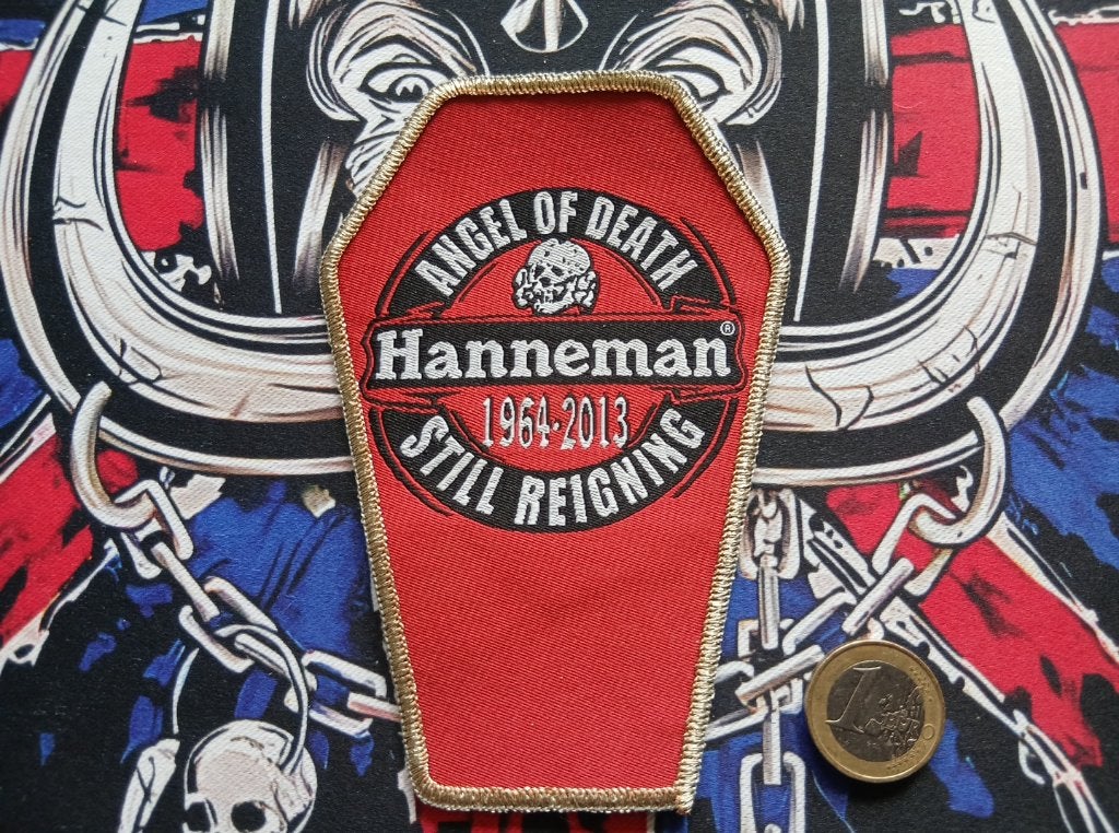 Slayer mooie Jeff Hanneman coffin patch 94 gouden border, Verzamelen, Ophalen of Verzenden, Nieuw, Kleding