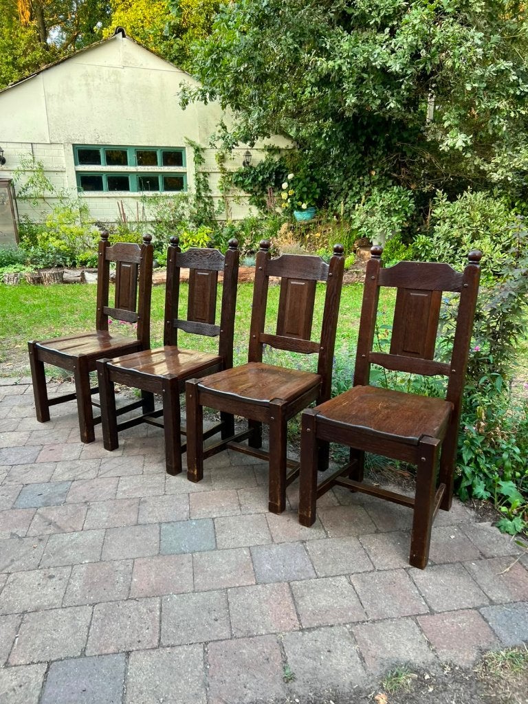 4 antieke eikenhouten stoelen – robuust, Huis en Inrichting, Ophalen, Bruin, Vier, Hout