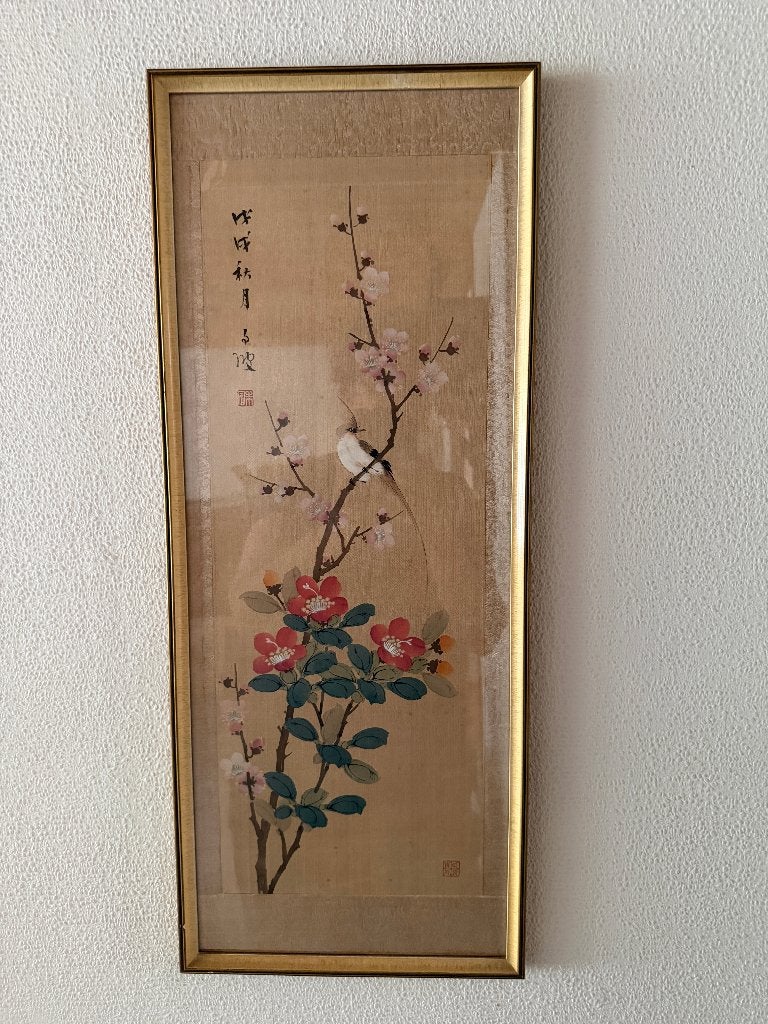 Chinese aquarel op zijde - vogel op bloeiende tak, Antiek en Kunst, China, Ophalen, Schilderij, Ingelijst