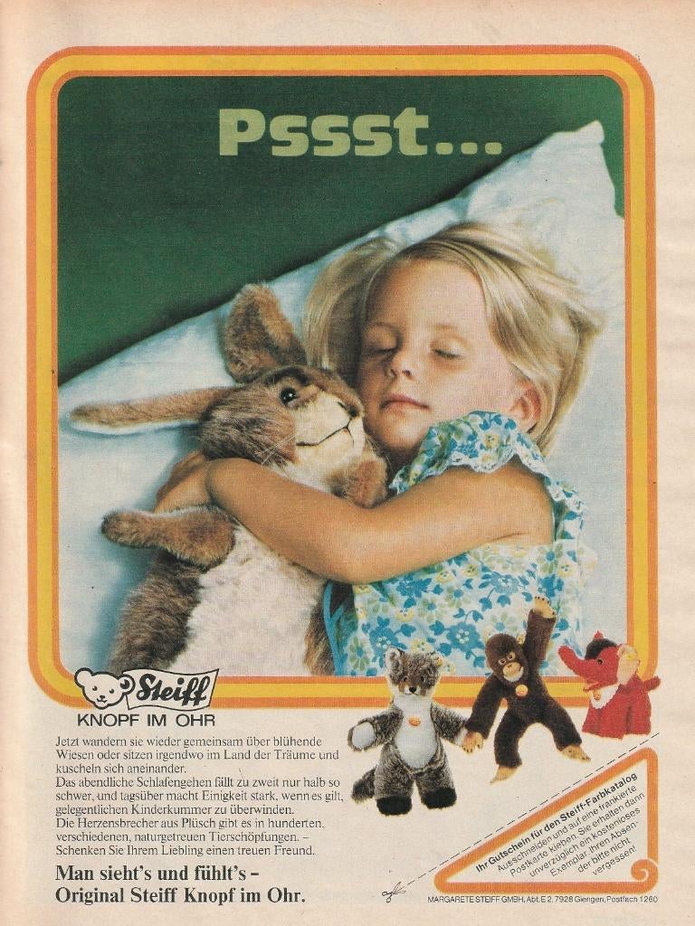 Retro reclame 1974 Steiff speelgoed knuffels aap konijn, Verzamelen, Verzenden, Overige typen