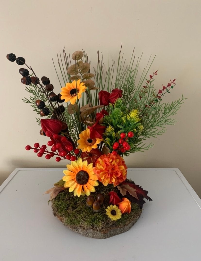 Mooi herfststuk op houten schijf, Ophalen, Binnen, Nieuw, Handgemaakt