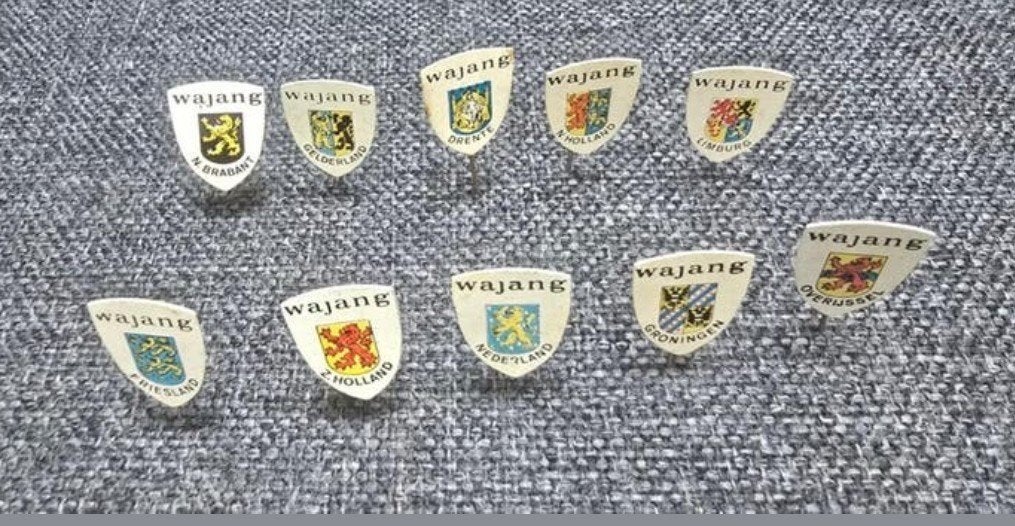 Vintage Wajang Provincie Emaille Speldjes Set, Verzenden, Gebruikt