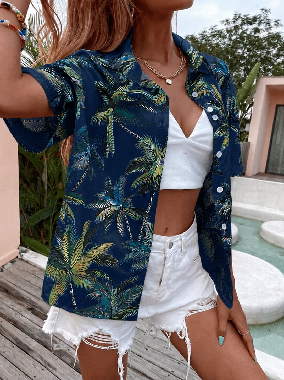Tropical Summer Dames Blouse with palms - maat S / M, Ophalen of Verzenden, Zo goed als nieuw, Maat 36 (S), Blauw