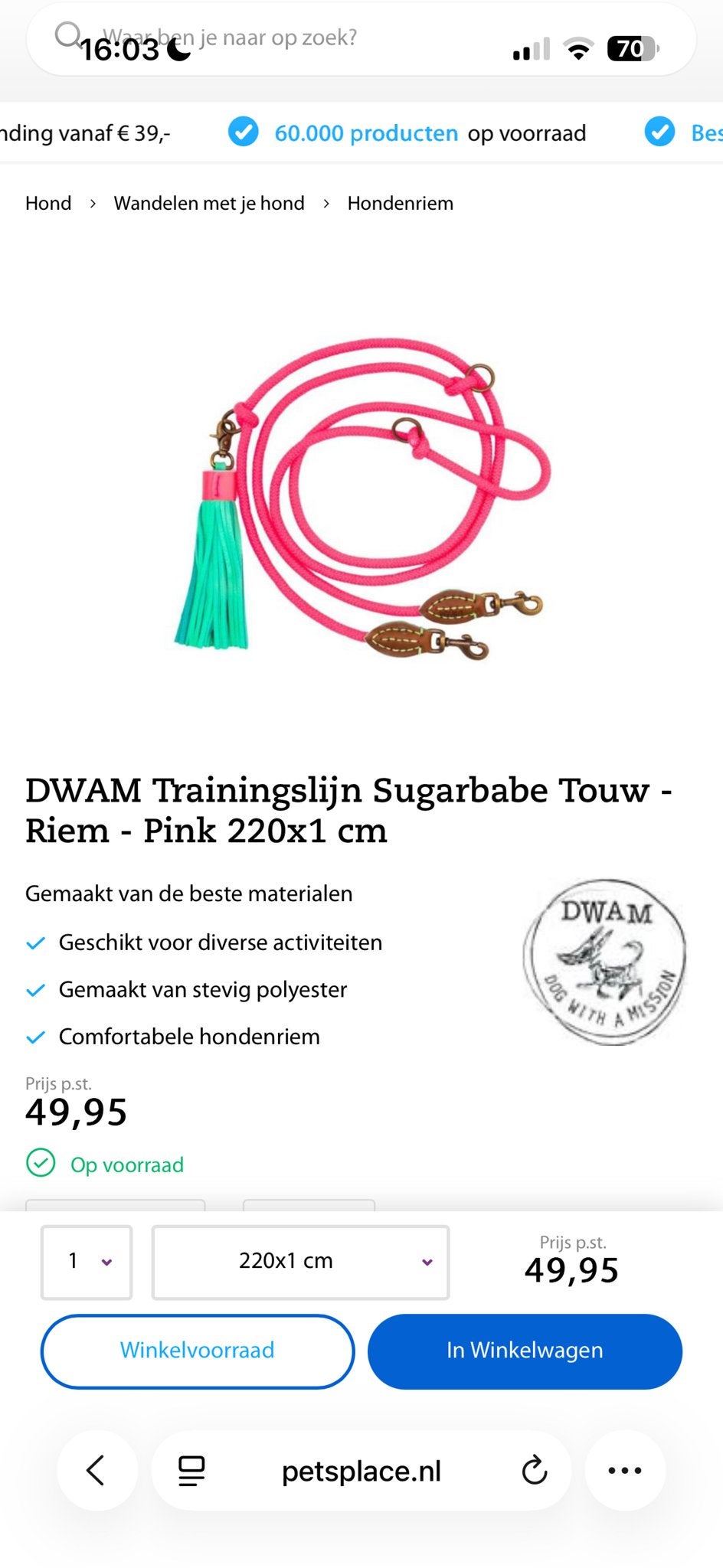 DWAM Trainingslijn Sugarbabe Touw - Riem - Pink 220x1 cm, Dieren en Toebehoren, Ophalen of Verzenden, Nieuw, Hondenriem
