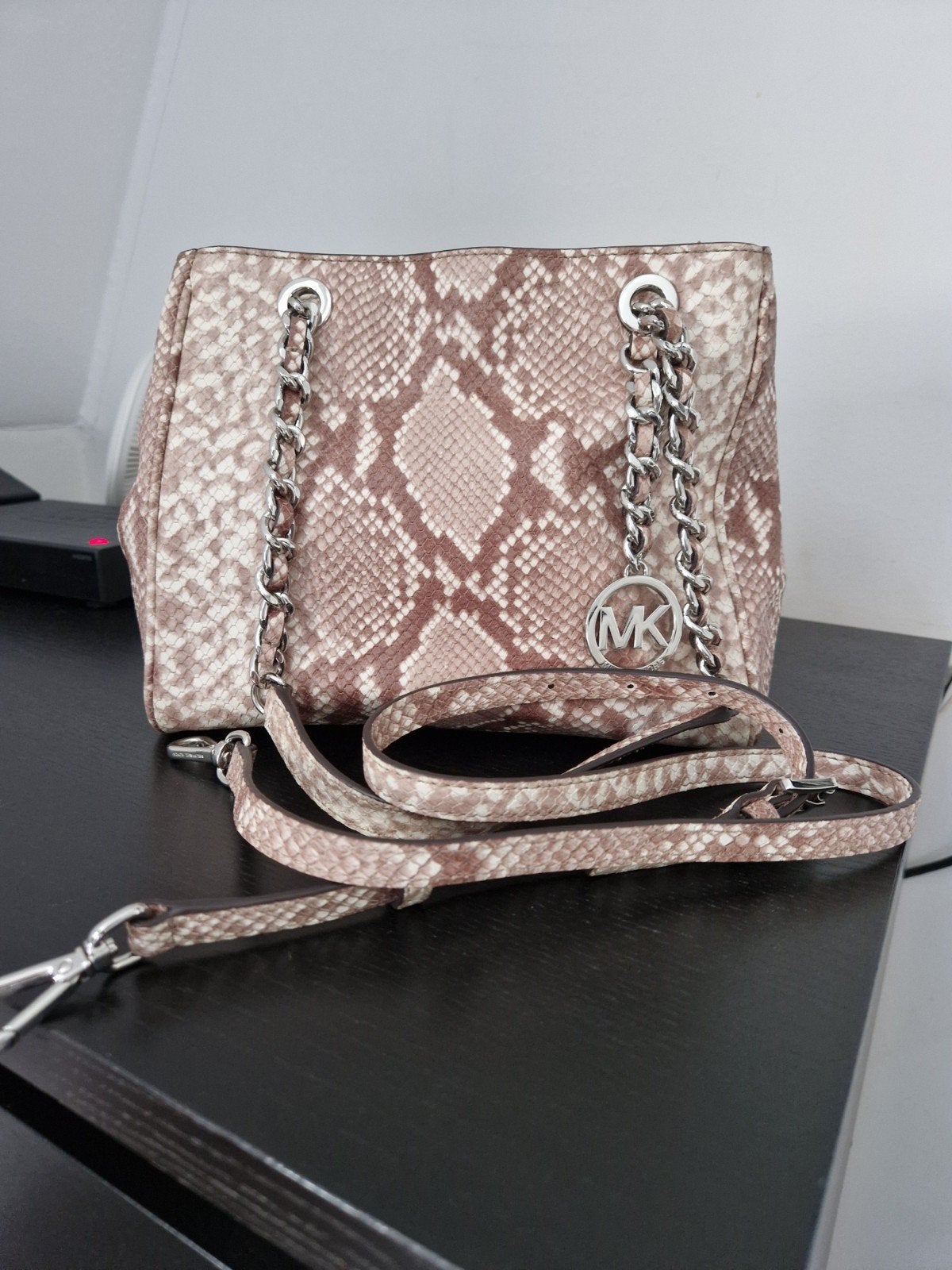 Michael Kors Handtas met Slangenprint en  zilveren Ketting, Ophalen, Zo goed als nieuw, Bruin, Handtas