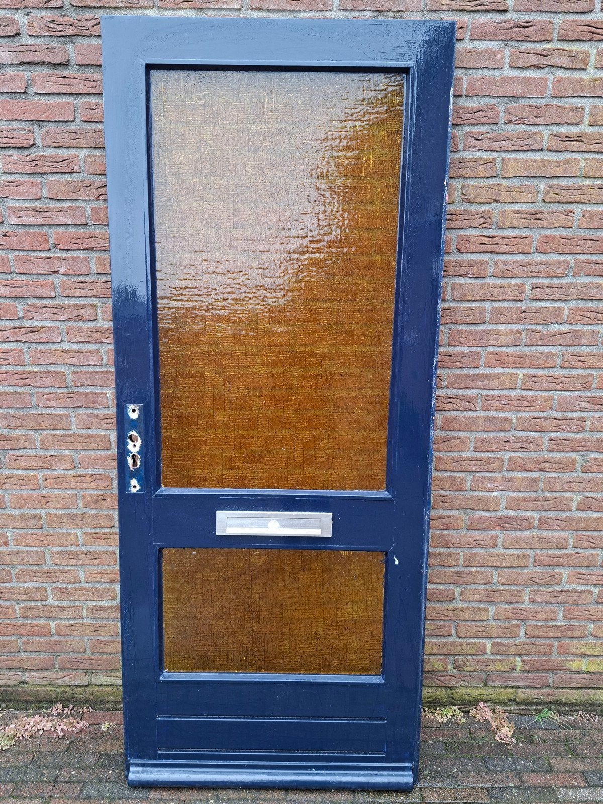 Voordeur hardhout met geel glas 211x87,5, Ophalen, Gebruikt, Buitendeur, 200 tot 215 cm