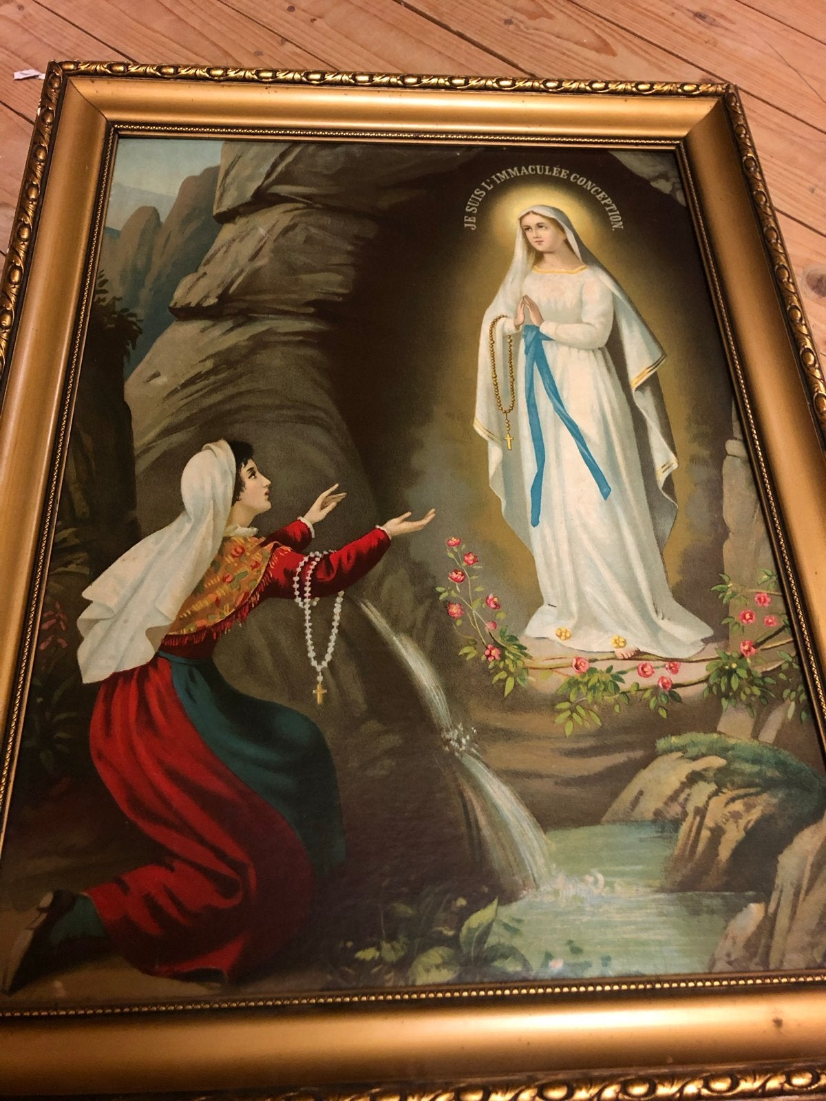 Antieke religieuze prent: Verschijning van Maria, Ophalen of Verzenden