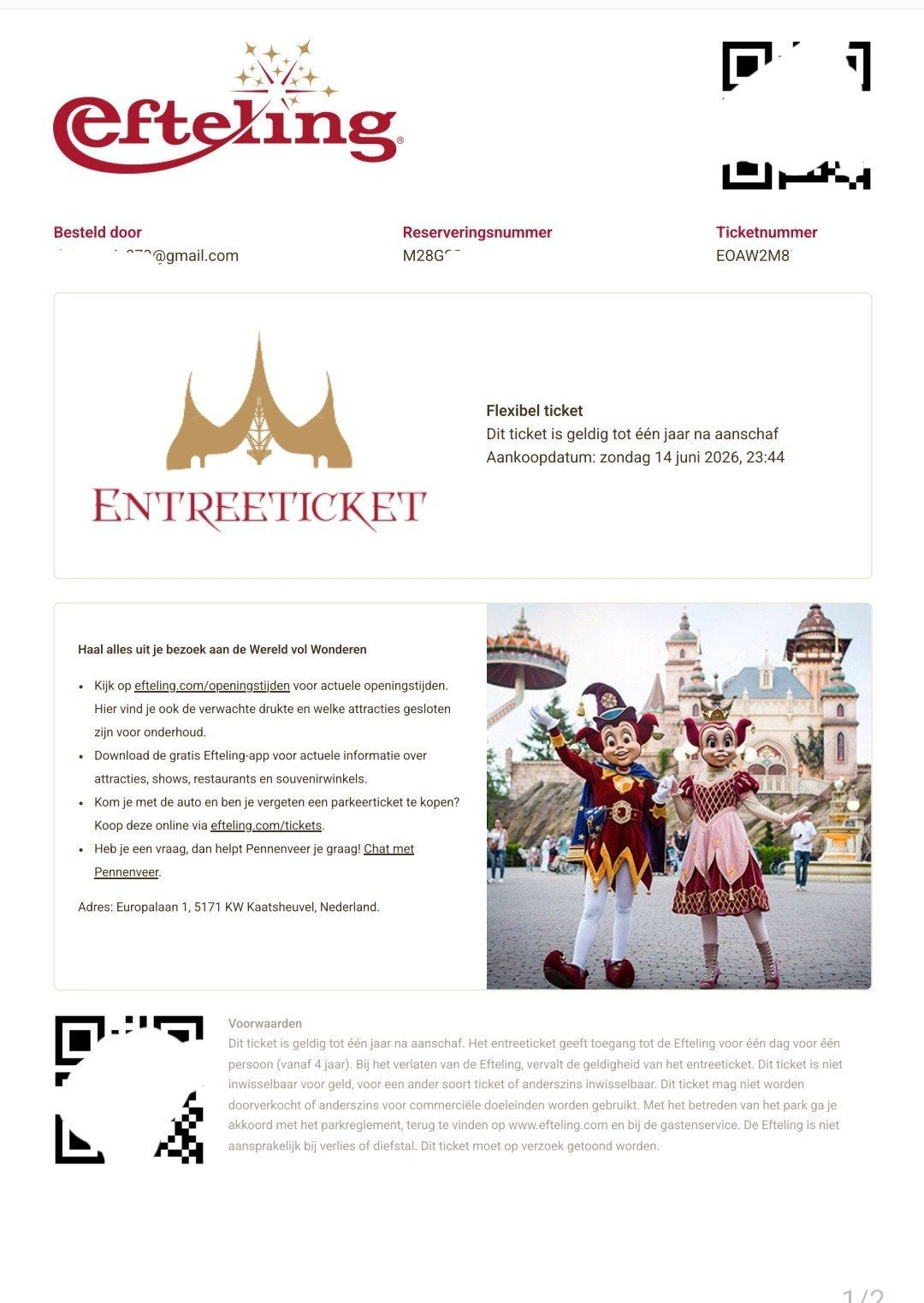 Flexible Efteling entree tickets ter overnamen €37, Drie personen of meer, Ticket of Toegangskaart