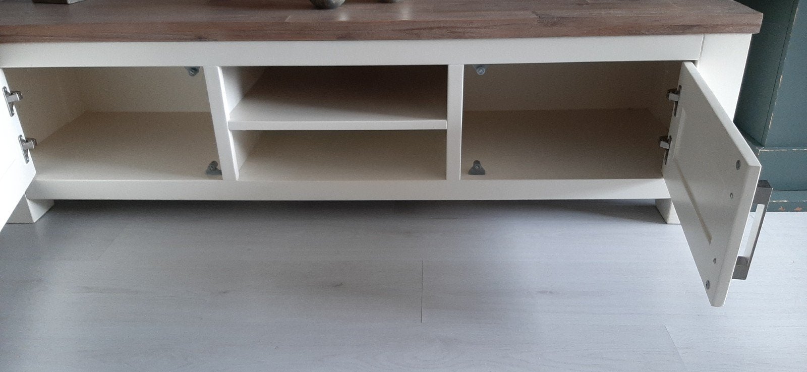 Landelijke TV Dressoir Acaciahout & Wit Gelakt 160x45x45, Huis en Inrichting, Kasten | Televisiemeubels, Gebruikt, 150 tot 200 cm