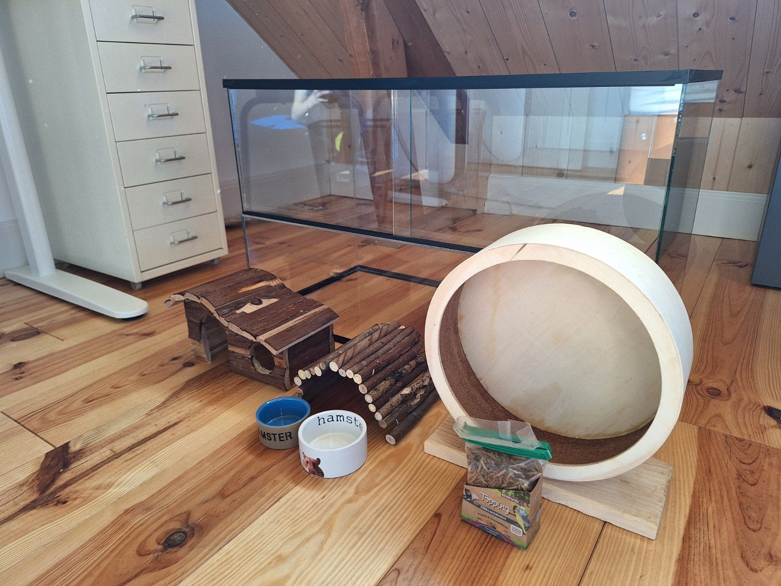 Glazen hamsterhok + benodigdheden, Zo goed als nieuw, Hok, Hamster, 75 tot 110 cm