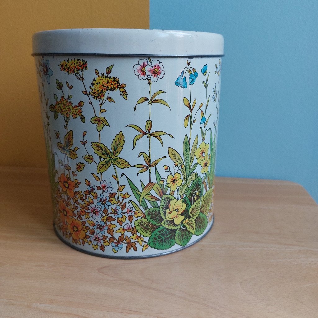 Vintage blikken trommel met bloemenprint, Verzamelen, Ophalen of Verzenden, Gebruikt, Koek(jes), Overige merken