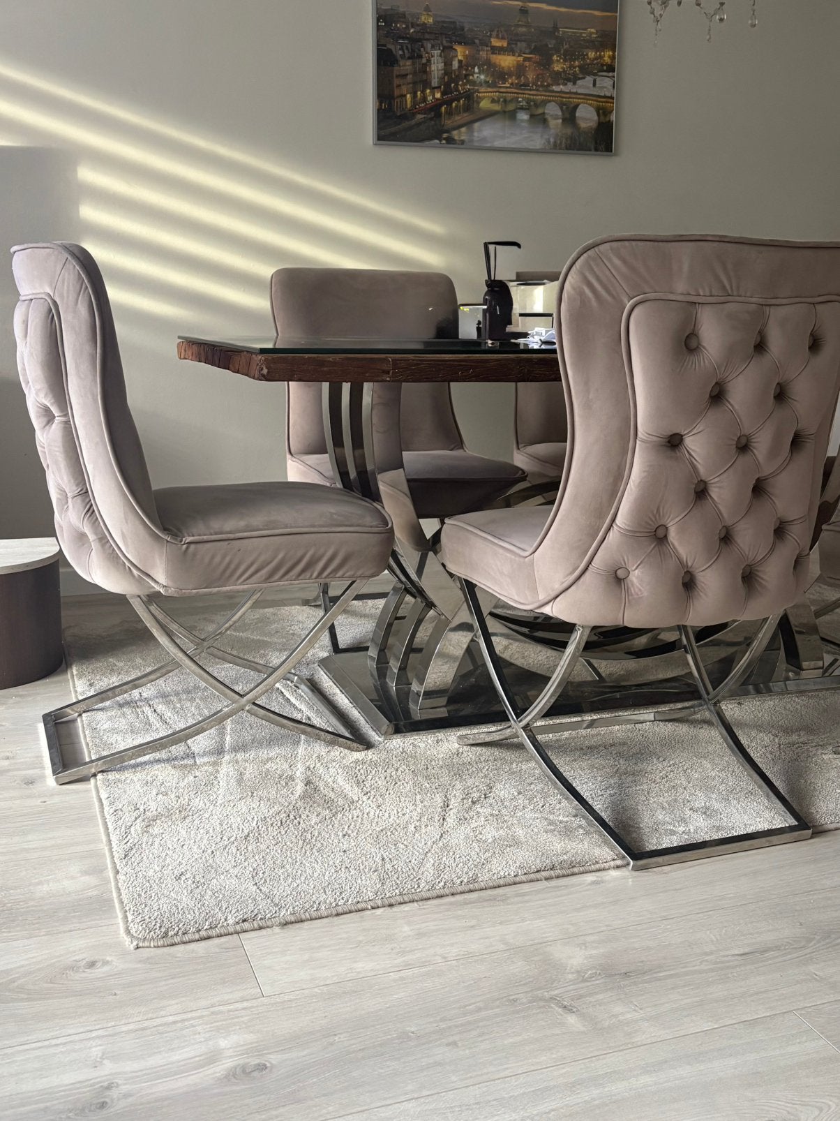 6 Eetkamerstoelen Luxor Taupe Velvet / Zilver, Huis en Inrichting, Stoelen, Ophalen, Gebruikt, Overige kleuren, Vijf, Zes of meer stoelen