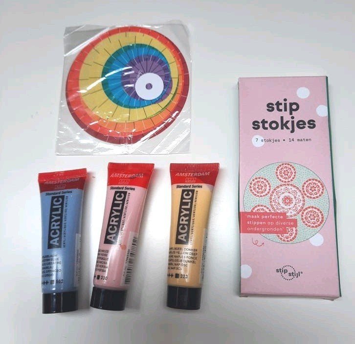 Stipstokjes set met acrylverf en sjablonen - Hobby, Hobby en Vrije tijd, Schilderen, Ophalen of Verzenden, Nieuw, Acrylverf