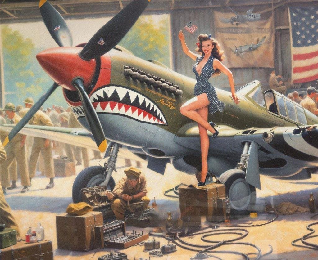 [Poster in Frame] Curtiss P-40 Warhawk leger met pin up, Verzenden, Nederland, Foto of Poster