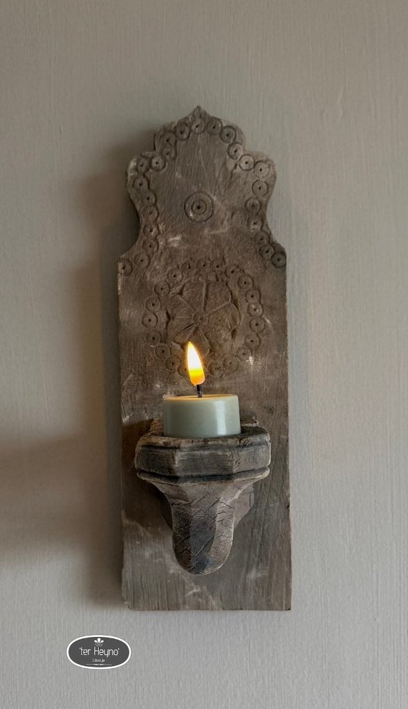 Oud houten wand kandelaar hang waxine stoer sober landelijk, Verzenden, 34 cm, Nieuw, Kandelaar
