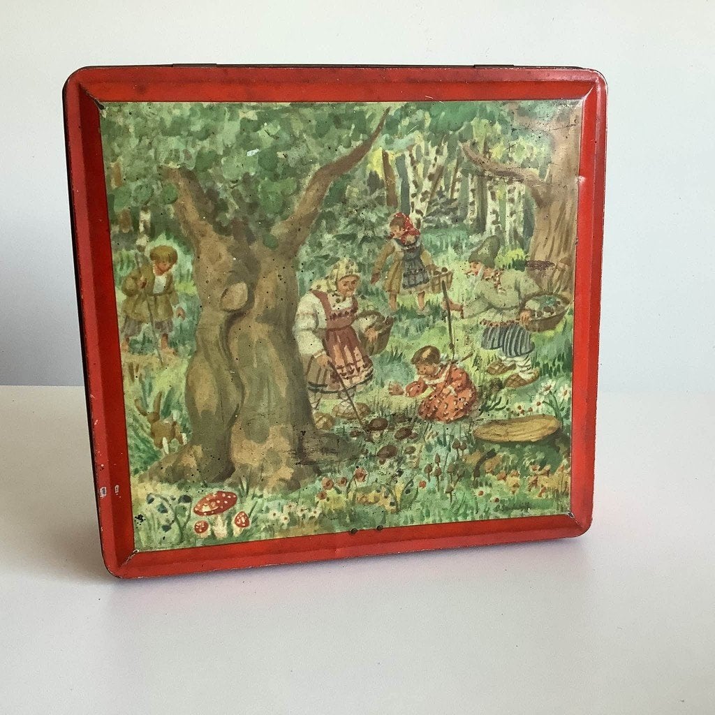 Vintage koekblik Paddenstoelenplukkers van Van Melle, Verzamelen, Blikken, Ophalen of Verzenden, Gebruikt, Koek(jes)