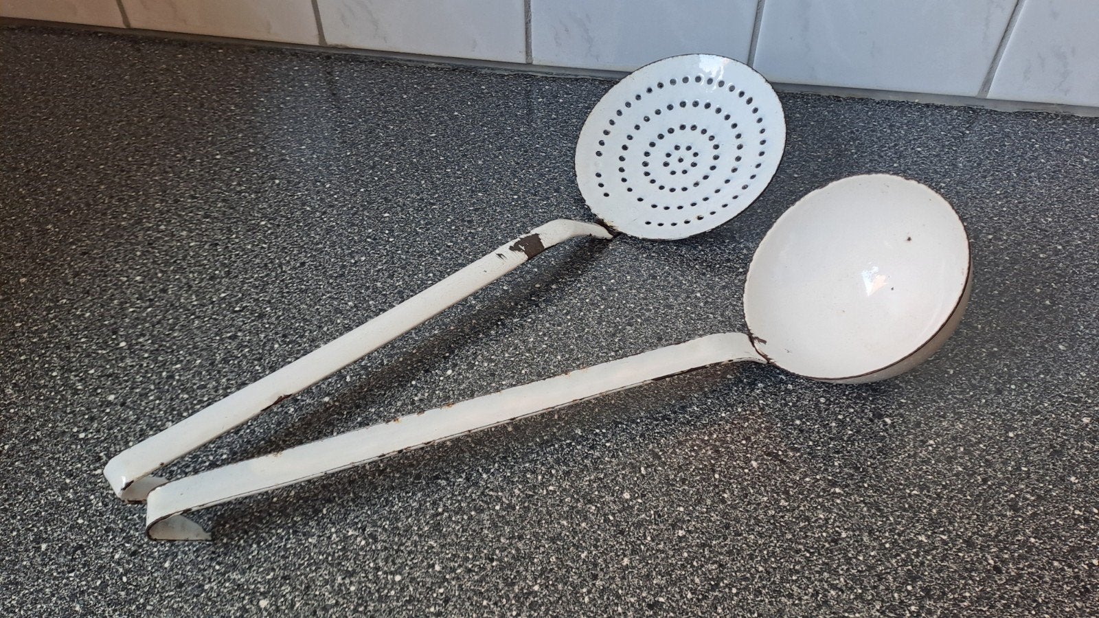 Vintage geëmailleerde pollepel en schuimspaan, Ophalen of Verzenden