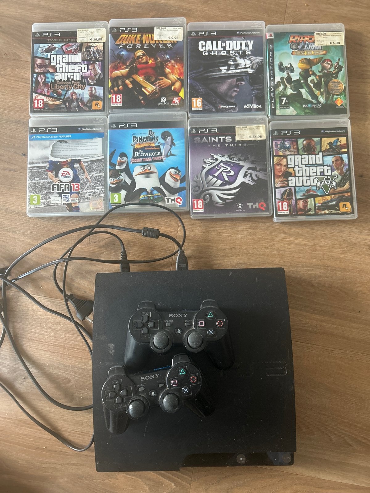 PS3 Slim met 2 controllers en 8 games, Met 2 controllers, Slim, Gebruikt, Met games