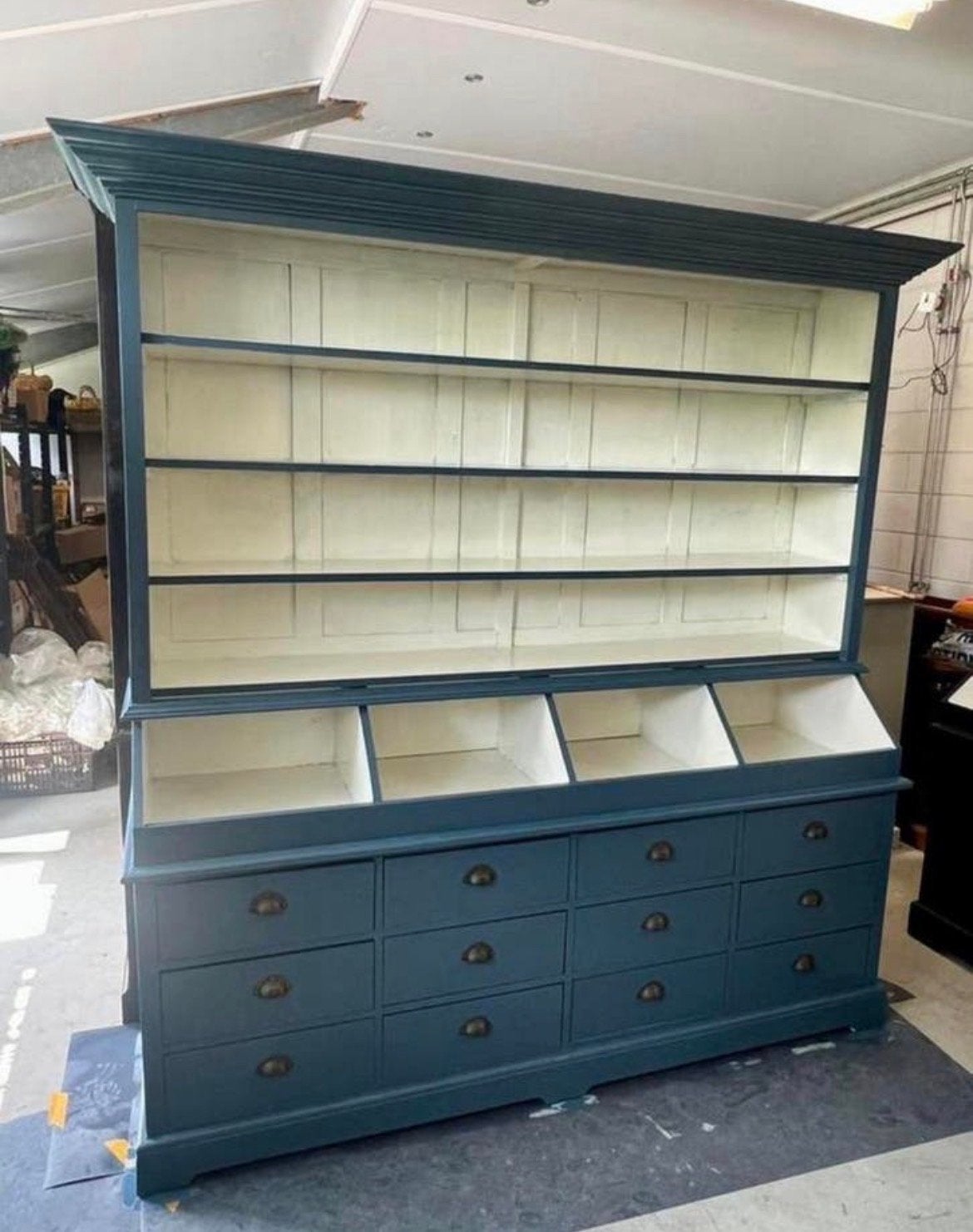 Grote antieke winkelkast/apothekerskast in donkerblauw, Ophalen, 200 cm of meer, Teakhout, Z