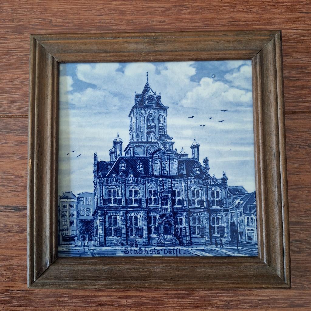 Ingelijste Delfts blauwe tegel 15 x 15 cm Stadhuis Delft, Ophalen of Verzenden