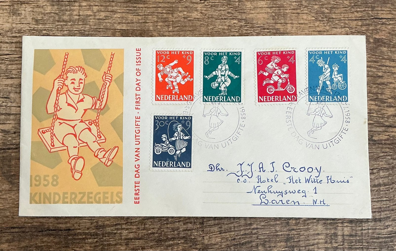 FDC E 36 met kinderzegels uit 1958 beschreven, Postzegels en Munten, Postzegels | Eerstedagenveloppen, Verzenden, Beschreven, Nederland