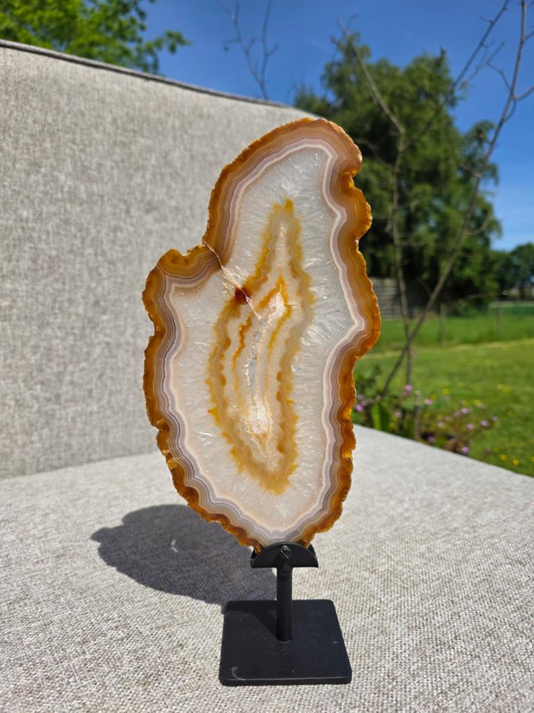Grote Natuurlijke Agaatschijf op Standaard - Honing/Oranje, Ophalen of Verzenden