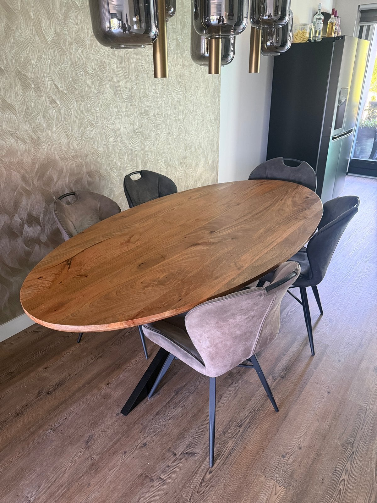 Eetkamer set - Ovale eettafel mangohout (2mx1m) en 5 stoelen, Huis en Inrichting, Tafels | Eettafels, Ophalen, 50 tot 100 cm, Zo goed als nieuw