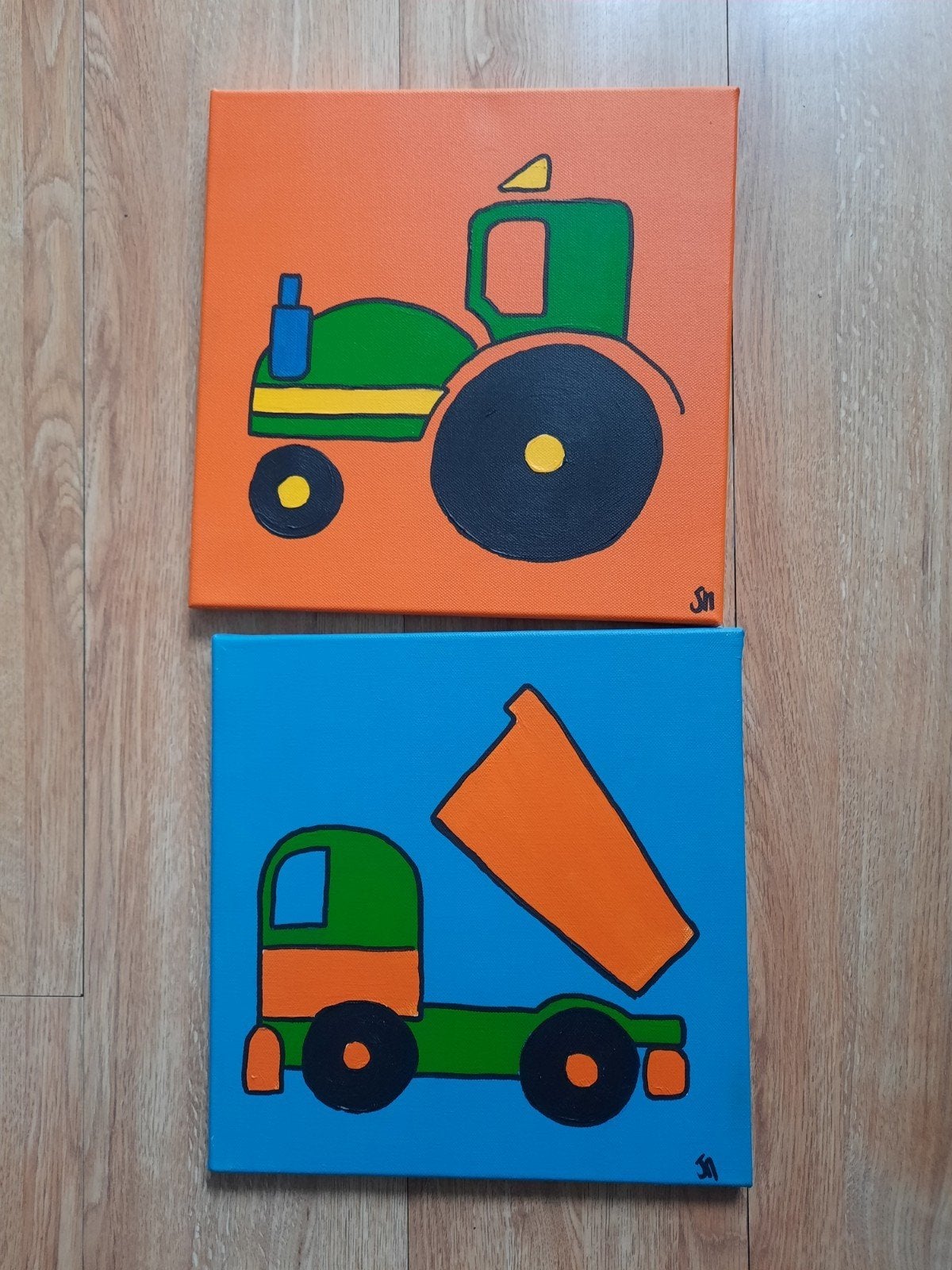 Set van 2: Tractor en Kiepwagen - Petit-Art, Acrylverf, Ophalen of Verzenden, Textiel, Gesigneerd
