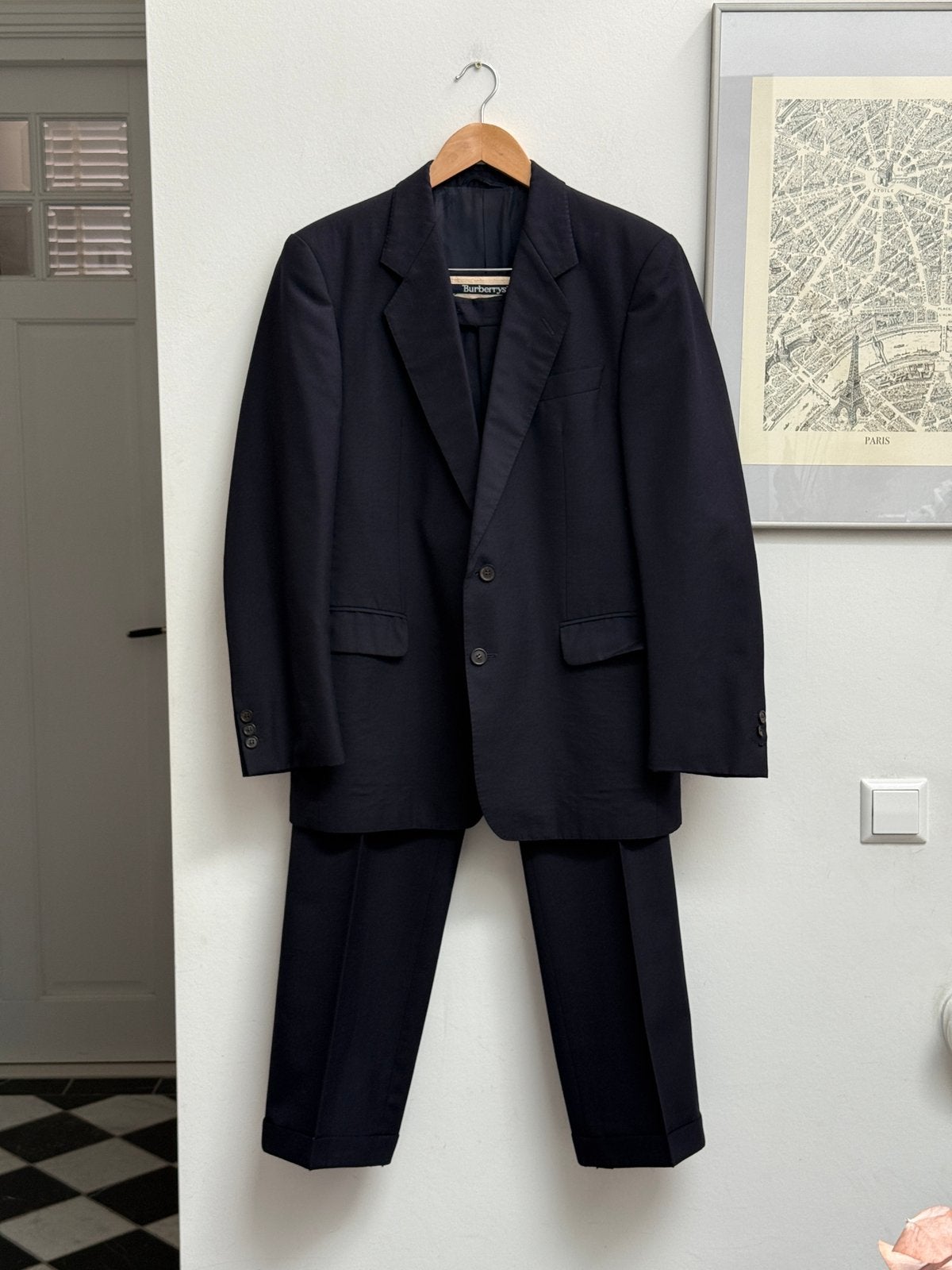 Burberrys Vintage Navy Wollen Tweedelig Pak, Verzenden, Gedragen, Maat 48/50 (M), Blauw
