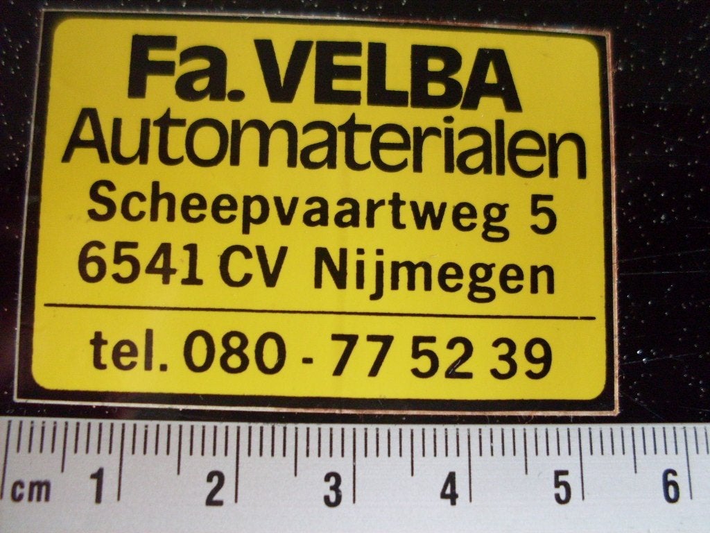sticker fa. velba automaterialen nijmegen, Verzamelen, Verzenden, Zo goed als nieuw, Bedrijf of Vereniging